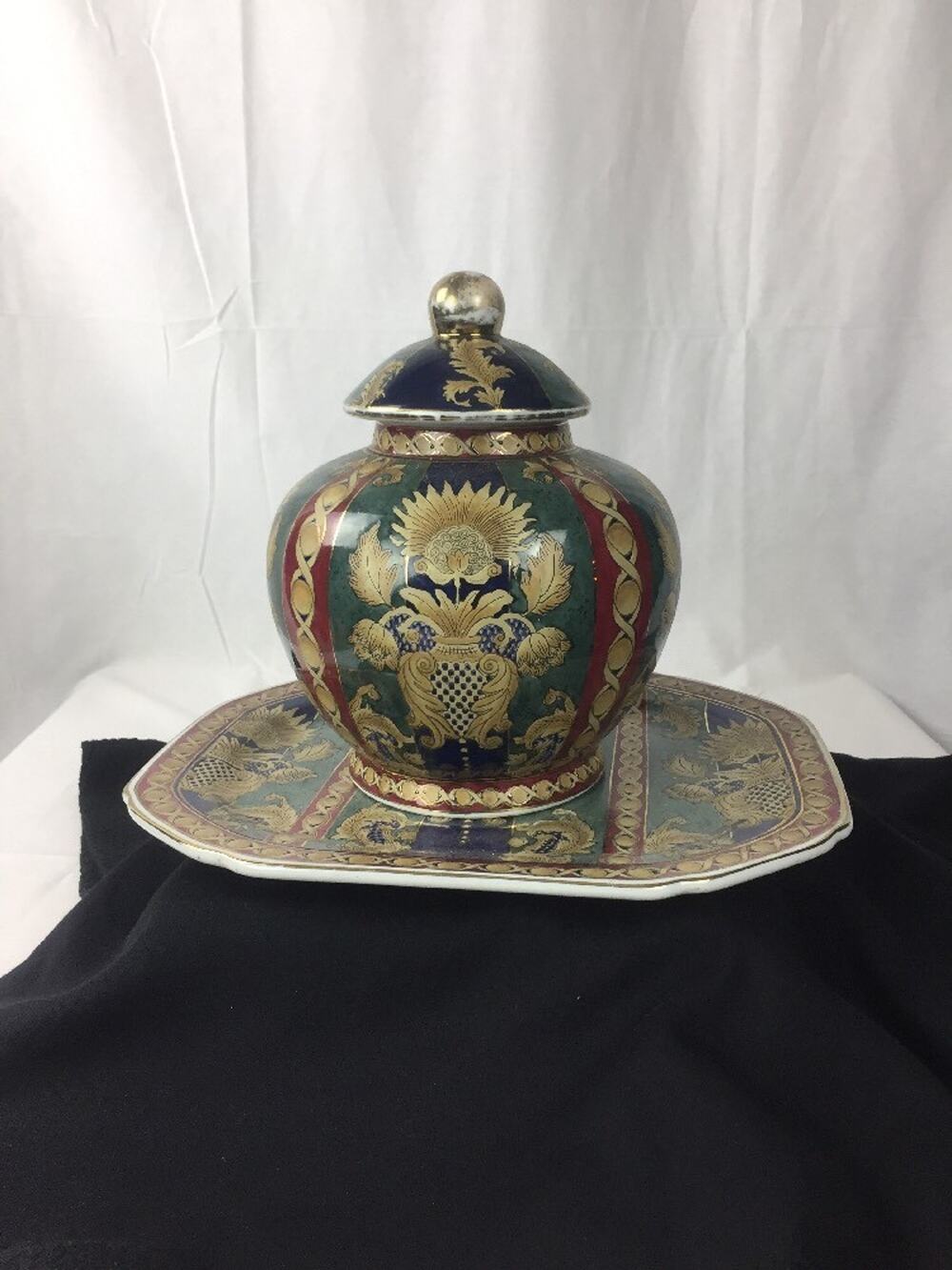 Asian vase And Platter Set Gold Setting.